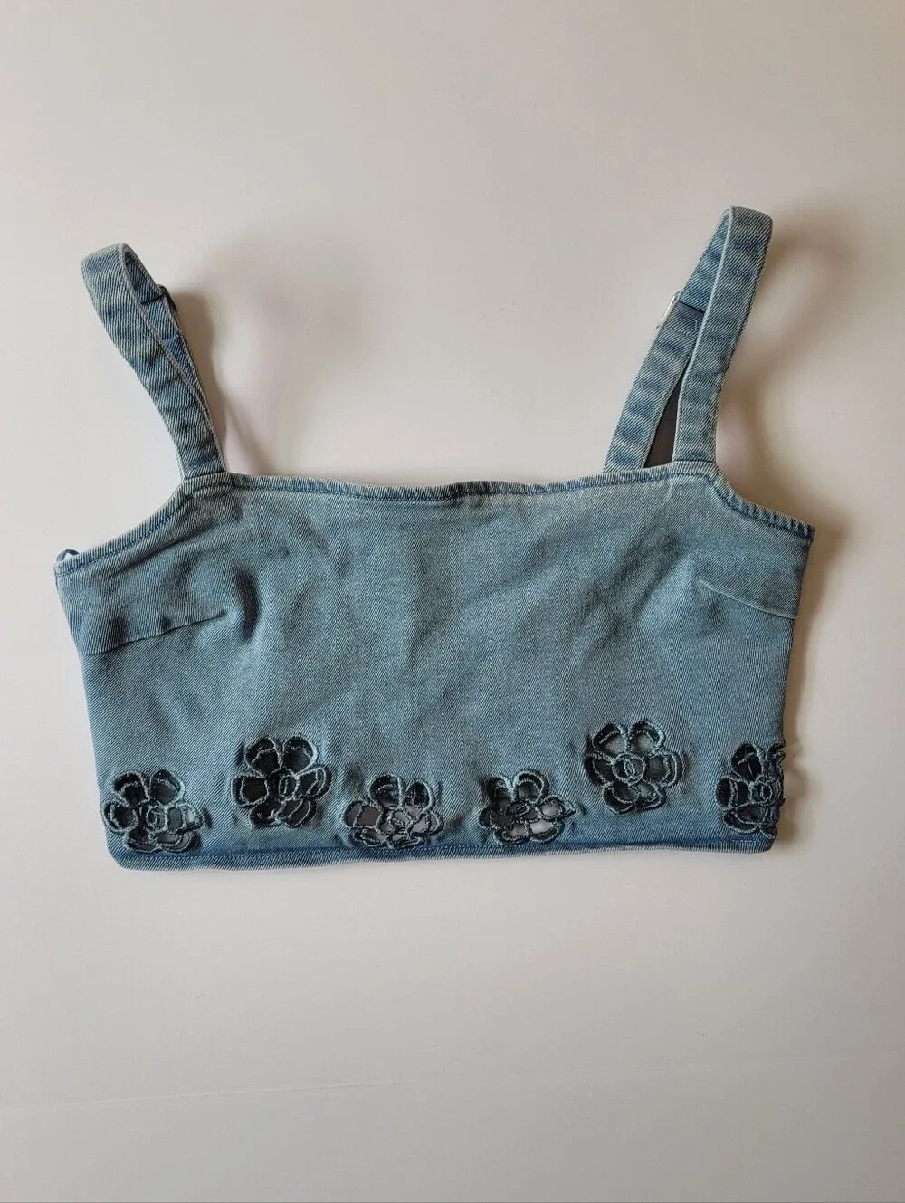 Blue Blush Floral Embroidered Denim Matching Set Crop Top & Shorts Small
